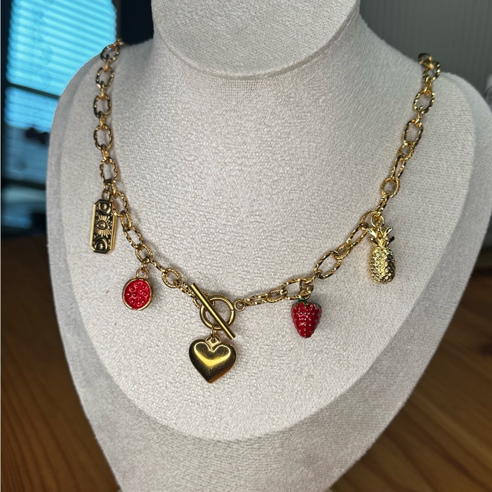 Gold Charm Necklace with Red Accents - Picture 4 of 4